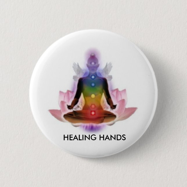 CHAKRA LOTUS PERSON, HEALING HANDS 2 INCH ROUND BUTTON (Front)