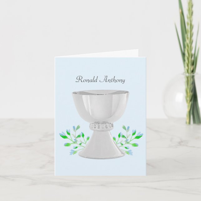 Chalice and Blue Buds Communion Baptism Note Card (Front)