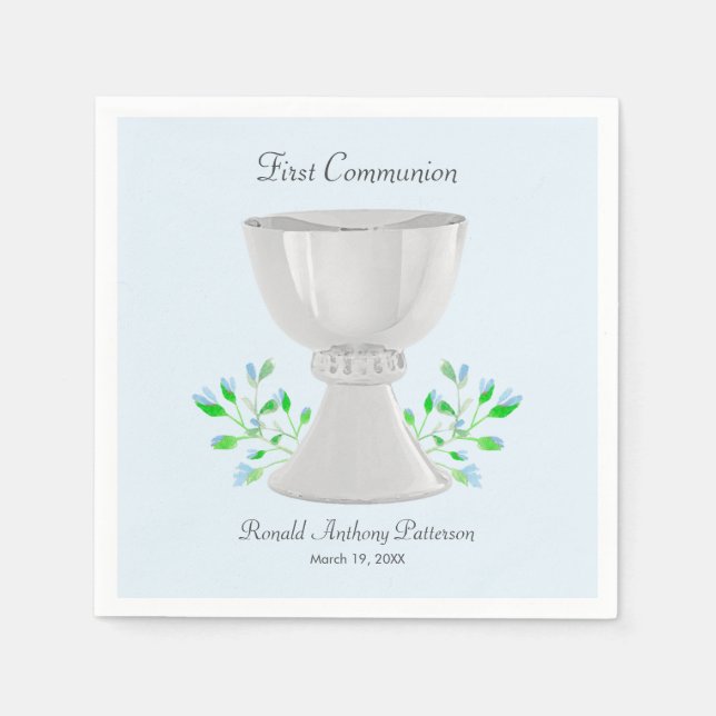 Chalice and Blue Buds Greenery First Communion Napkin (Front)