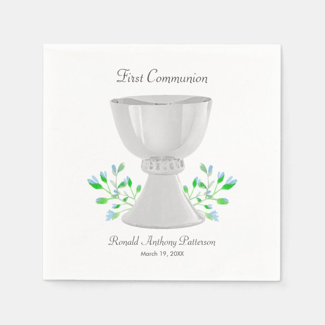 Chalice and Blue Buds Greenery First Communion Napkin (Front)