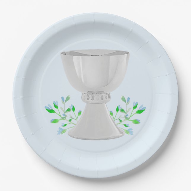 Chalice and Blue Buds Greenery First Communion Paper Plate (Front)