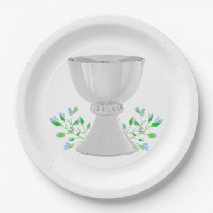 Chalice and Blue Buds Greenery First Communion Paper Plate