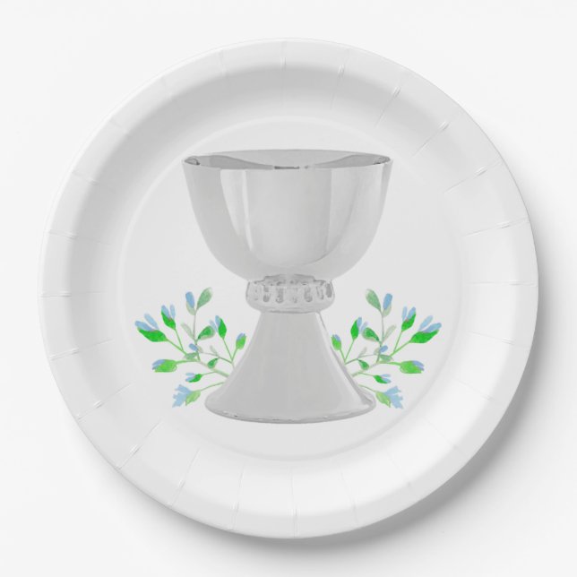 Chalice and Blue Buds Greenery First Communion Paper Plate (Front)