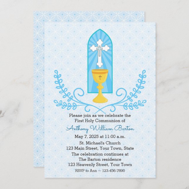 Chalice and Cross Blue First Communion Invitation (Front/Back)
