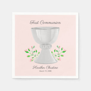 Chalice and Pink Buds Greenery First Communion Napkin