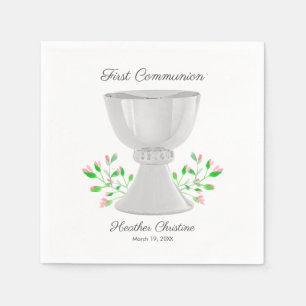 Chalice and Pink Buds Greenery First Communion Napkin