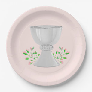 Chalice and Pink Buds Greenery First Communion Paper Plate