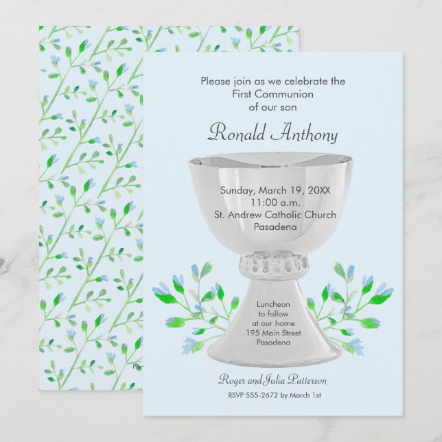 Chalice Floral Boy First Communion Invitations (Devant / Derrière)