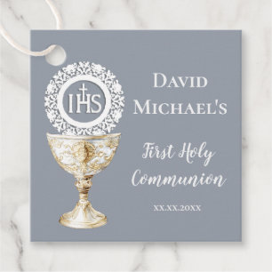 Chalice Host First Communion blue background Favour Tags