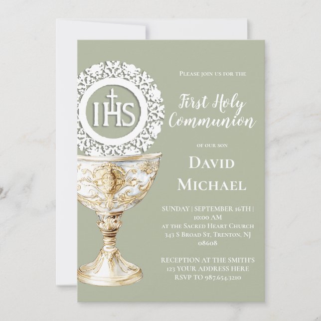 Chalice Host First Communion sage green background Invitation (Front)