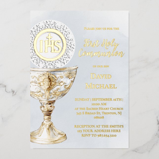 Chalice Host First Holy Communion blue watercolor (Front)
