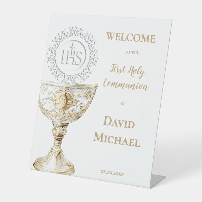 Chalice Host First Holy Communion welcome Pedestal Sign (Front)