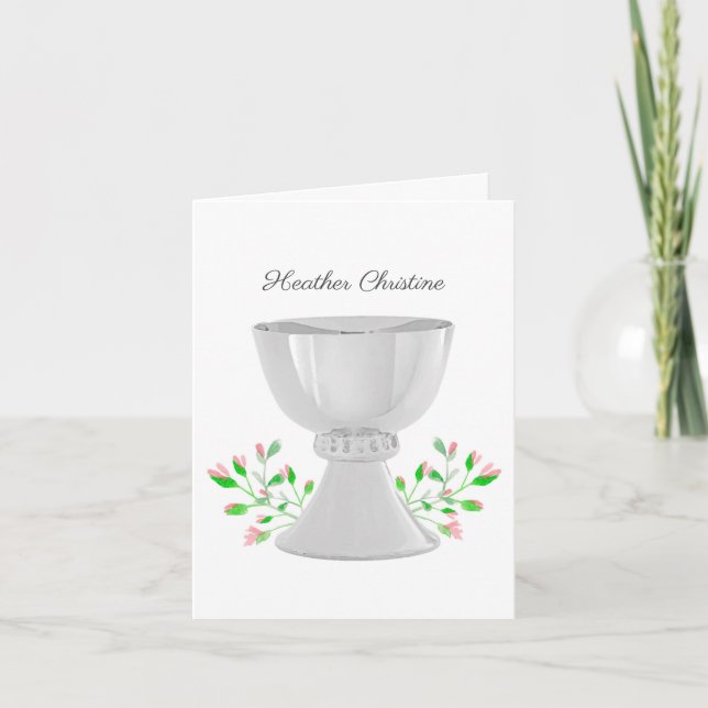 Chalice Pink Buds Greenery First Communion Note Card (Front)