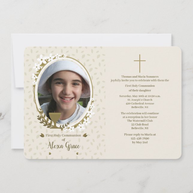 Chalice with Flowers Photo First Communion Invitation (Front)