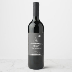Chalk Art Pine Tree in Snow Custom Merry Christmas Wine Label