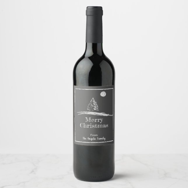 Chalk Art Pine Tree in Snow Custom Merry Christmas Wine Label (Front)
