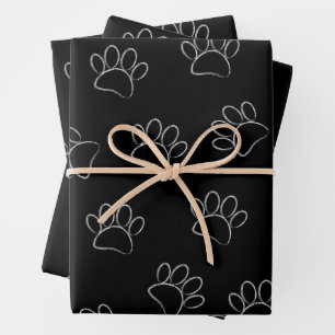 Chalk Cartoon Dog Paw Prints And Red Hearts Wrapping Paper Sheet