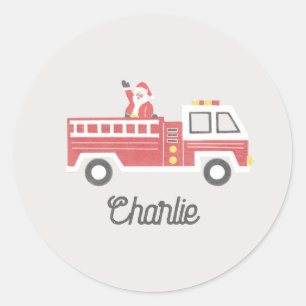 Chalk Classic Santa on a Firetruck Christmas Round Sticker