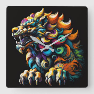 Chalk Drawing Chinese Foo Dog Bright Colors Square Wall Clock