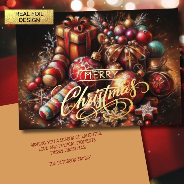 Chalk Drawing Christmas Gift Candy Ornament Foil Holiday Card (Creator Uploaded)