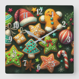 Chalk Drawing Decorated Christmas Cookies Green Square Wall Clock