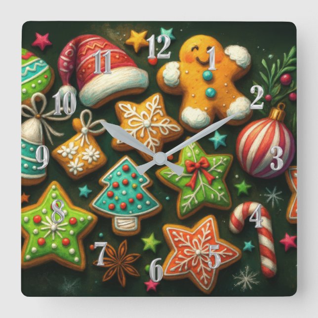 Chalk Drawing Decorated Christmas Cookies Green Square Wall Clock (Front)