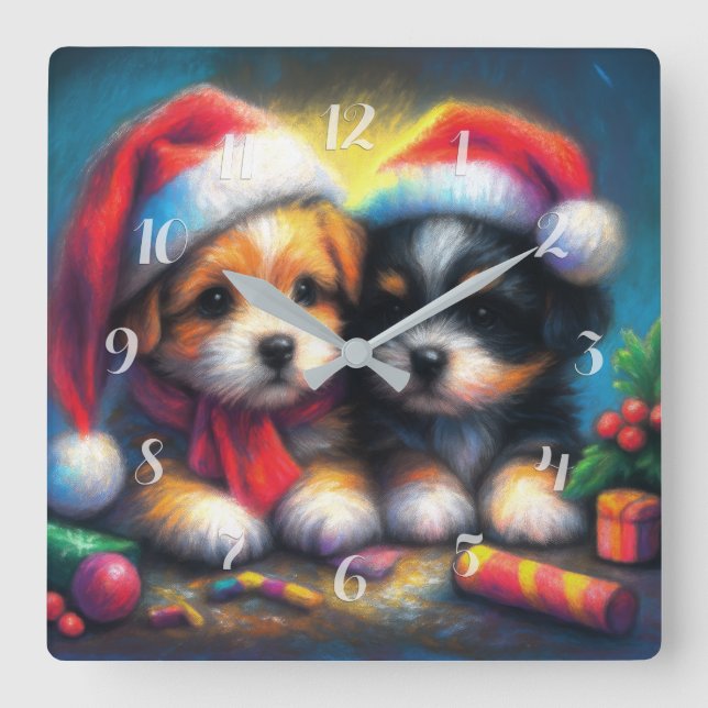 Chalk Drawing Two Cute Puppies in Santa Hats Square Wall Clock (Front)