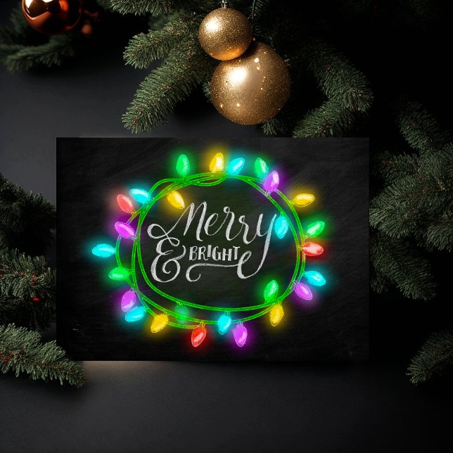 Chalk Drawn Merry and Bright with Lights Holiday Card (Creator Uploaded)