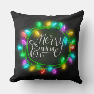 Chalk Drawn Merry and Bright with Lights Throw Pillow