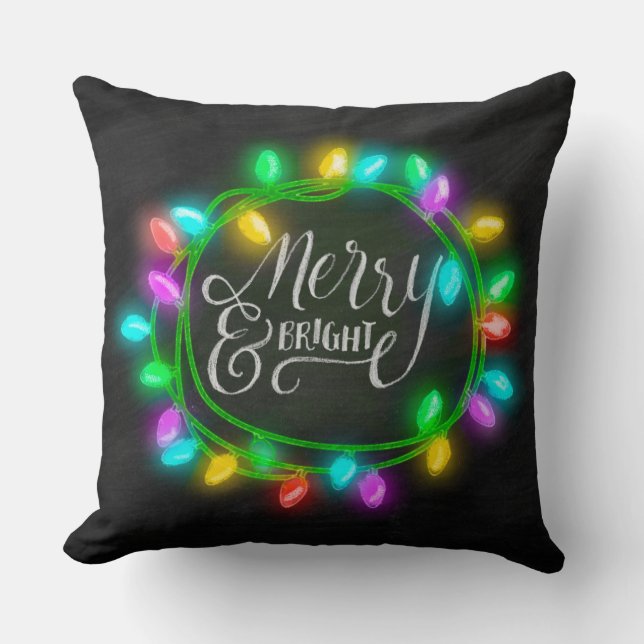 Chalk Drawn Merry and Bright with Lights Throw Pillow (Front)