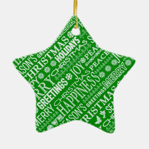 Chalk Drown Christmas Greeting In Green And White Ceramic Ornament