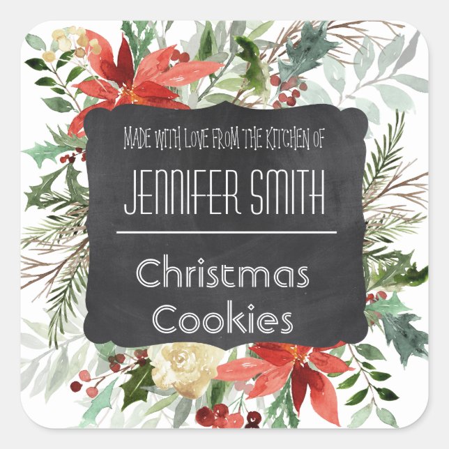 Chalk Floral Holiday Christmas Bakery Baked Cookie Square Sticker (Front)