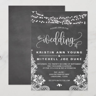 Chalk Hanging Lights and Lace Wedding Invitation