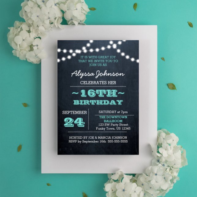 Chalk Lights Teal 16th Birthday Sm Invitation (Creator Uploaded)