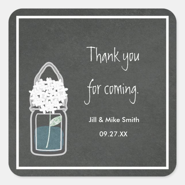 Chalk Mason Jar White Baby's Breath Flowers Square Sticker (Front)