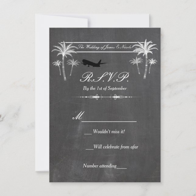 Chalk Palm Trees & Airplane Destination RSVP Card (Front)