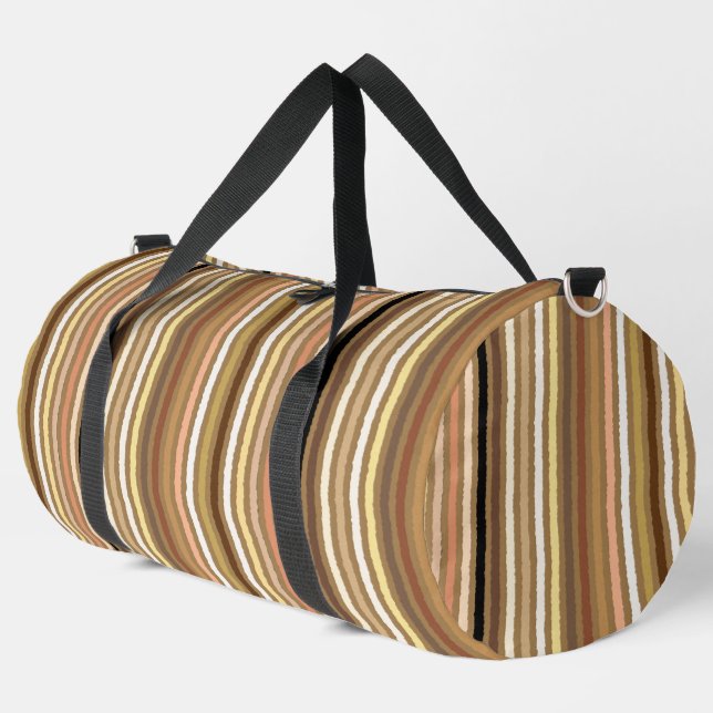 Chalk Stripes, Camel Tan, Brown and Beige Duffle Bag (Left Corner)
