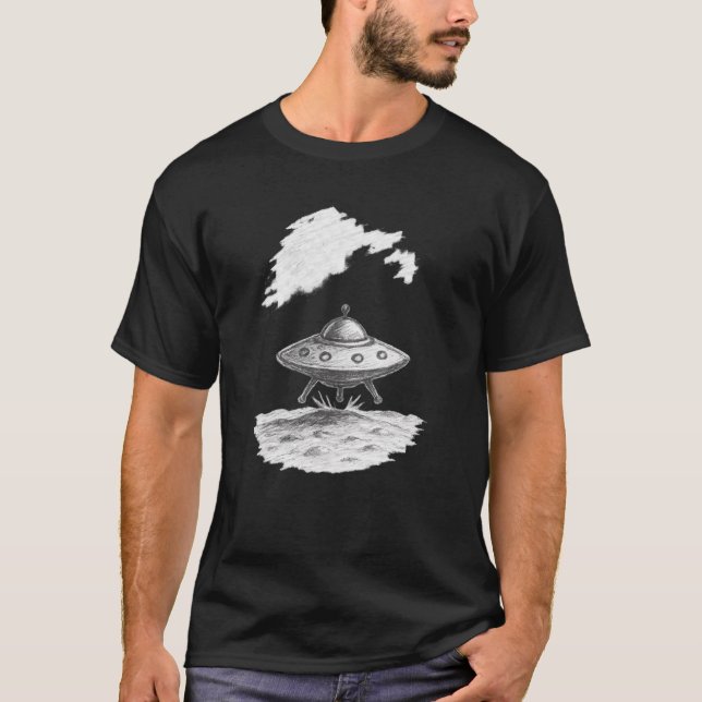 Chalk UFO Landing Scene Sketch Design T-Shirt (Front)