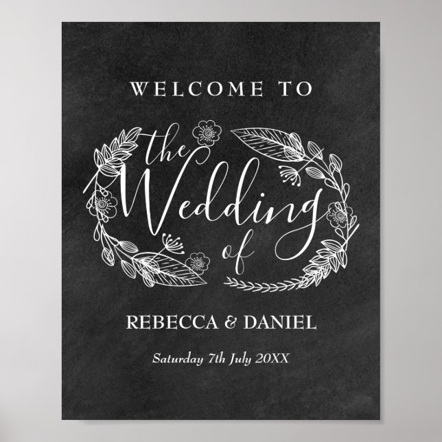 Chalkboad Hand-drawn Floral Garland  Welcome Poster (Front)