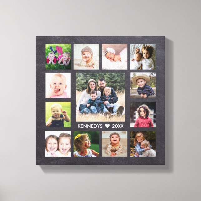 Chalkboard 13 Photo Collage Family Name Keepsake Canvas Print (Front)