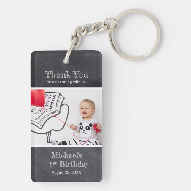 Chalkboard 1st Birthday Boy Photo Name Keychain (Back)