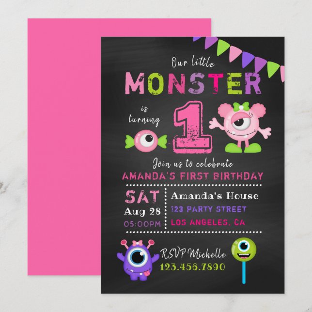 Chalkboard 1st Birthday Little Monster Girl Party Invitation (Front/Back)