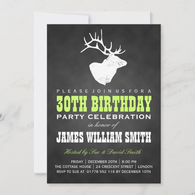 Chalkboard 30th Birthday Party Deer Black Green Invitation (Front)