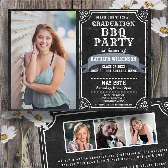 Chalkboard 4 Photo Simple Graduation BBQ Party Invitation (Creator Uploaded)