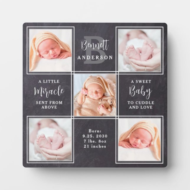 Chalkboard 5 Photo Collage Personalized New Baby  Plaque (Front)