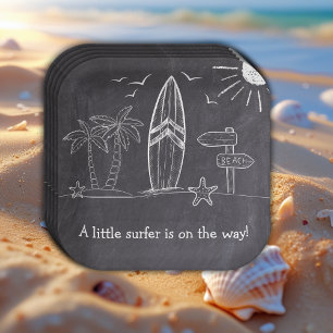 Chalkboard A Little Surfer Baby Shower Paper Plate