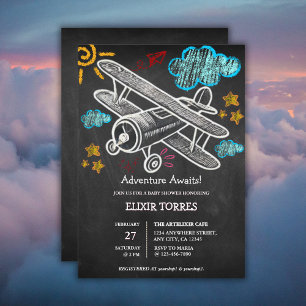 Chalkboard Adventure Awaits Airplane Baby Shower Invitation