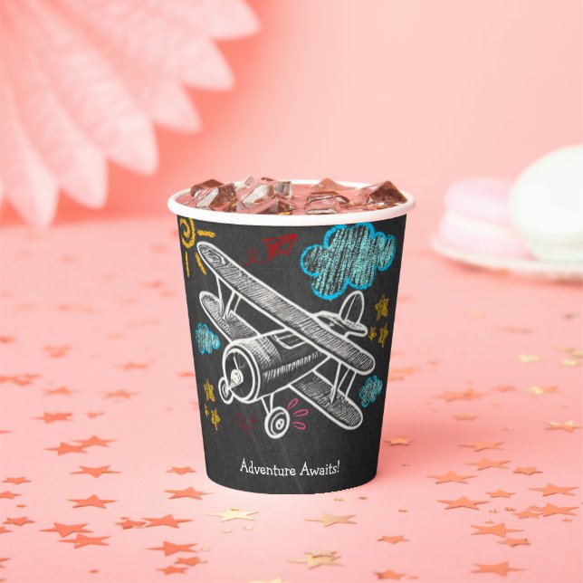 Chalkboard Adventure Awaits Airplane Baby Shower Paper Cups (Insitu)