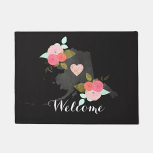 Chalkboard Alaska State Watercolor Floral Welcome Doormat