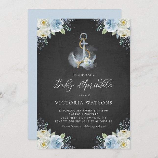 Chalkboard Anchor and Blue Flowers Baby Sprinkle Invitation (Front/Back)